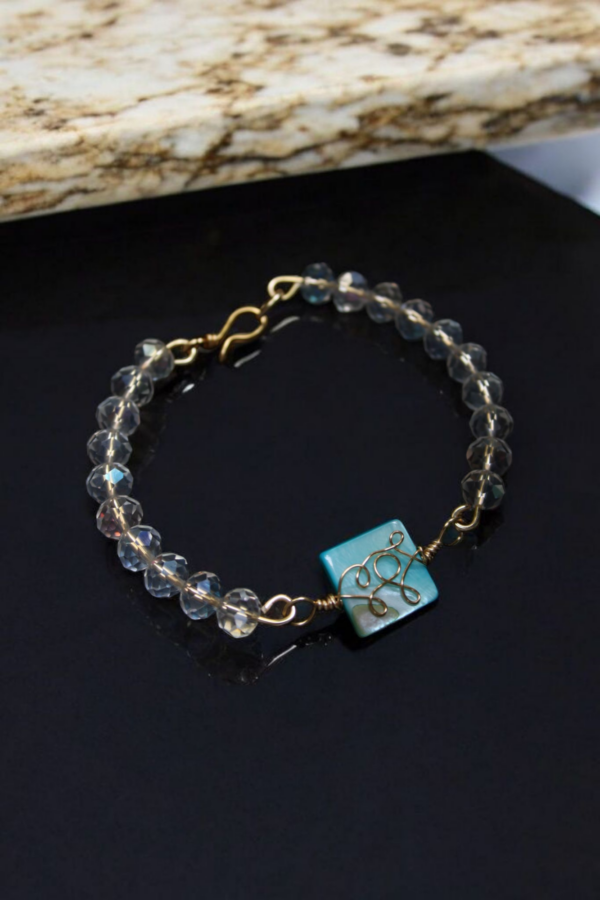 Pulsera Concha Nácar Turquesa y Cristal Blanco - Imagen 2